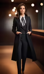 woman in black coat and tie standing near shelf