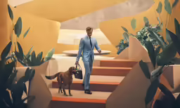 the man is standing on steps holding a bag with his dog
