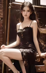 the young asian girl in the black dress sits on a chair