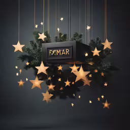 a display featuring gold stars and an ad for damar