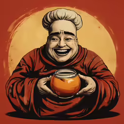 a cartoon painting of an asian monk holding a pot of goldfish