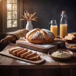 bread with peanut butter, buttered and raisins and eggs on a wood table