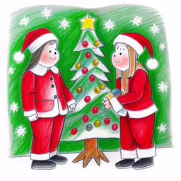 children decorate a tree as a santa claus stands before them,two kids in christmas costumes standing around a decorated christmas tree,an illustration with two girls dressed up as santa claus and a little girl by a christmas tree,two children are decorating a christmas tree,two cartoon style people near the christmas tree