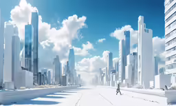 this painting depicts a man in an empty city surrounded by tall buildings