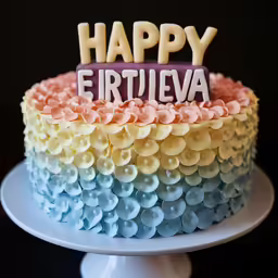 a very pretty colorful cake with a happy sign on top