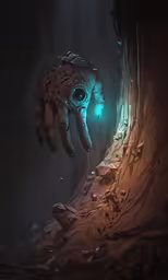 the eye is glowing brightly next to a giant hand