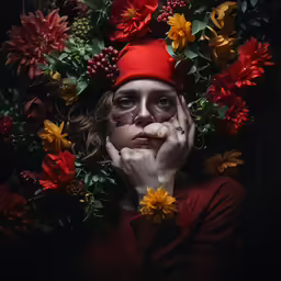 woman with red hat and flowers in her hair