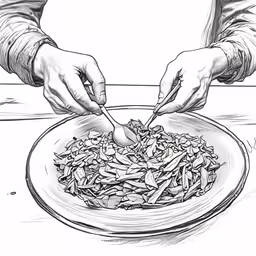 a hand holding onto food over a bowl