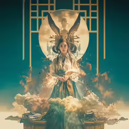 a woman standing in the clouds surrounded by artwork