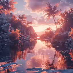 an art scene with an orange sunset and mountains