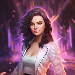 a woman with very tight waist and long dark hair in white leather jacket,a woman with large breast holding a cigarette