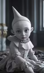 a white doll is laying on the floor