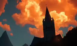bright orange and pink clouds above old church