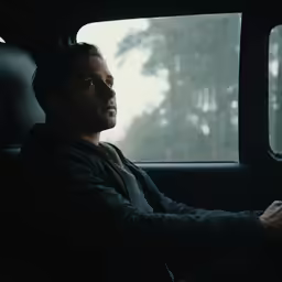 a man with glasses sitting in the back of a truck