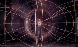 a woman is seen through a wire structure