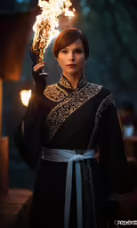 a woman in a black dress holding a torch with flames behind her head