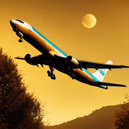 an airplane flies over the forested area as the sun sets,a commercial jet airliner flying in the sky
