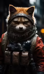 a fox with an old fashioned camera on its neck