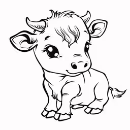 a little cow sitting down and looking forward,a cow standing up with eyes open