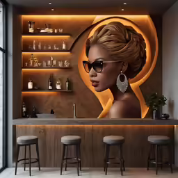 the large photo of a beautiful young lady with sunglasses is on display in front of a bar