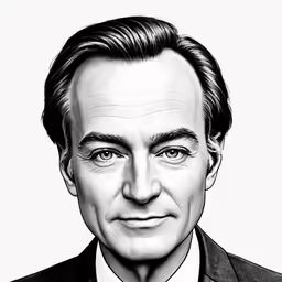 the image is a black and white drawing of a man with a suit on