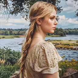a woman with long hair is standing outside