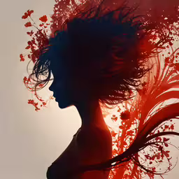a woman with flowing hair and her profile is shown,a woman with a frond of hair is shown