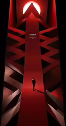a person walks down a very red aisle