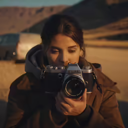 a girl takes a photo of herself while standing in front of the desert,