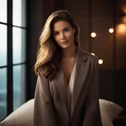the woman is wearing a beige suit jacket