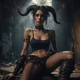 the image is of an attractive woman wearing horned garb and boots