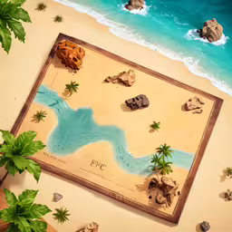 an interactive ocean scene, created with a map and trees,an area on the beach with several objects made to look like a seashell