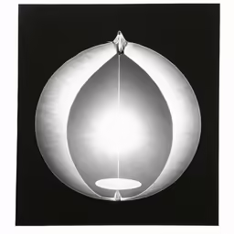 an artwork depicting an orb suspended from the top of a circular object