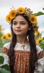 girl in a field of sunflowers with a wreath of yellow flowers