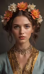 a woman in a crown of flowers sits for a portrait