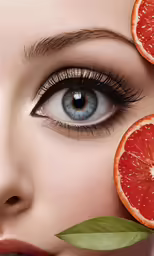 a beautiful woman with an orange slice above her eye