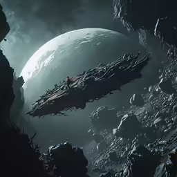 a scificent spaceship flying in the sky over rocky terrain