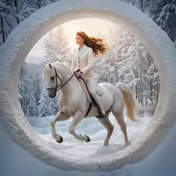 a woman is riding a horse through a snowy circle