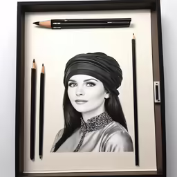 an art piece of a woman with a turban, two pencils and a drawing on a white surface