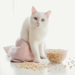 a cat on top of a blanket next to a bowl and bowl of rice