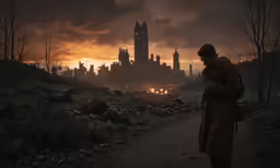 man looking at a cellphone while a dark city is in the distance