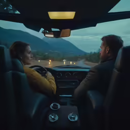 a man and woman driving in the car