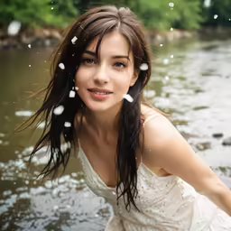 a woman in a dress poses for the camera on water
