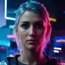 a woman in cyber clothing looking into the camera