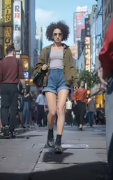 a woman walking down the street near a crowd