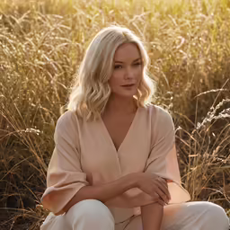 a woman with blonde hair sitting in front of some tall grass
