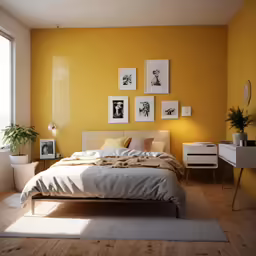 an empty bedroom with a bed, dresser, windows and potted plants