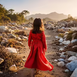 a child in red dress walking down a dirt road