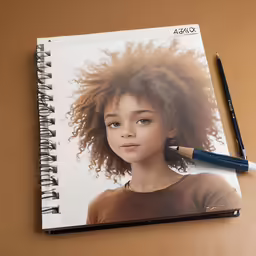 the notebook has a pencil in it and a photo of a girl with curly hair