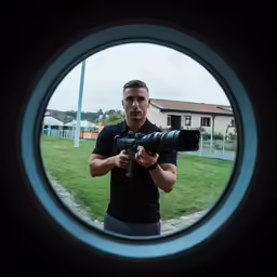 a man in black shirt holding a camera